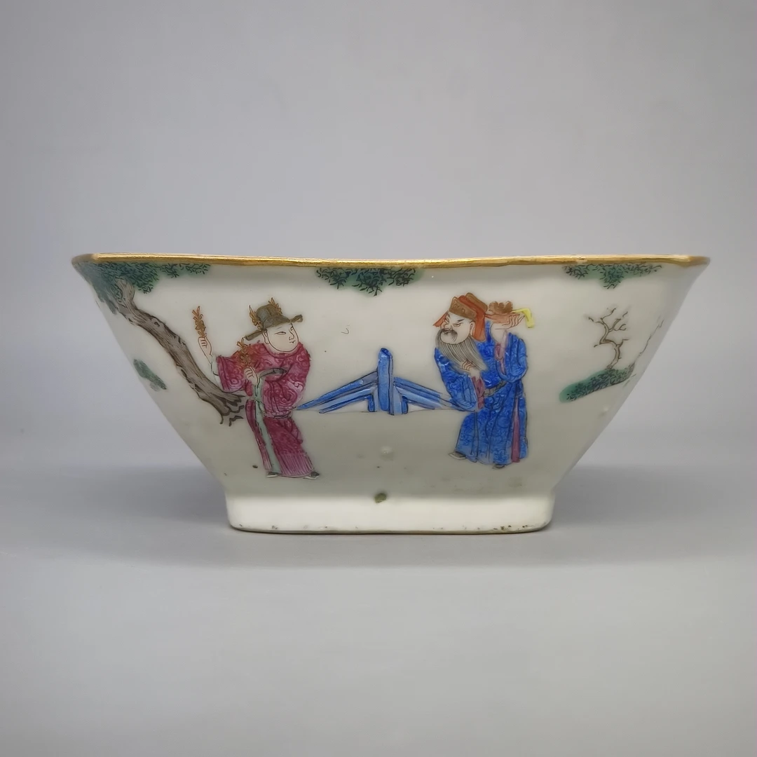 42505082*清道光粉彩人物故事纹四方花口碗/瓷器四/