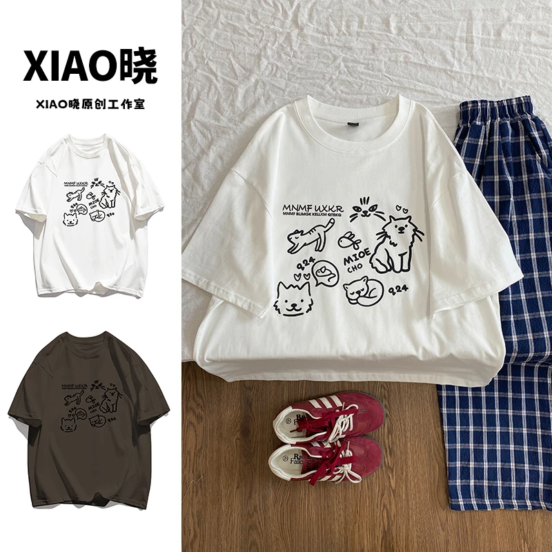 时尚纯棉美式复古趣味卡通印花短袖T恤宽松情侣百搭重磅上衣ins潮