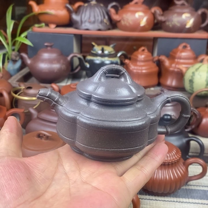 紫砂茶壶海棠竹鼓170cc原矿天青紫砂特价