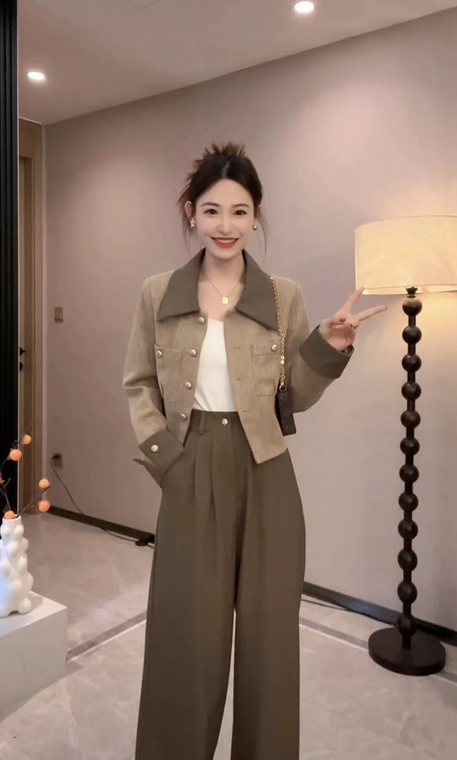 2025春季洋气小香风外套气质新款+高腰直筒阔腿裤两件套套装女潮