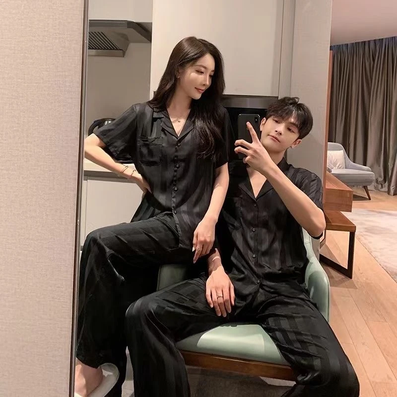 睡衣女春夏短袖长裤两件套薄款条纹提花情侣家居服套装可外穿