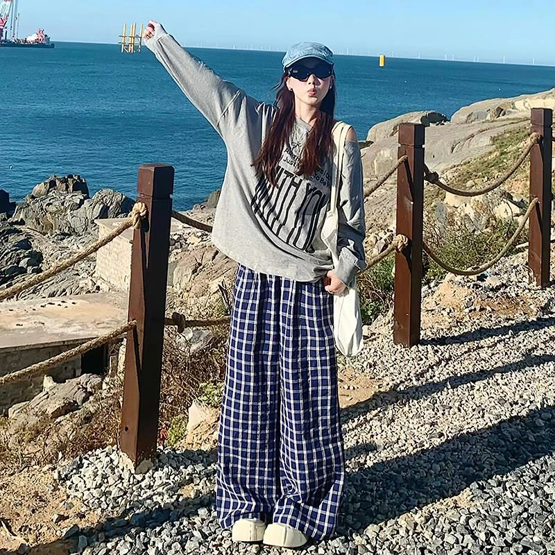 雪千羽蓝色休闲格子阔腿裤女2025新款春夏宽松慵懒风松弛感直筒裤