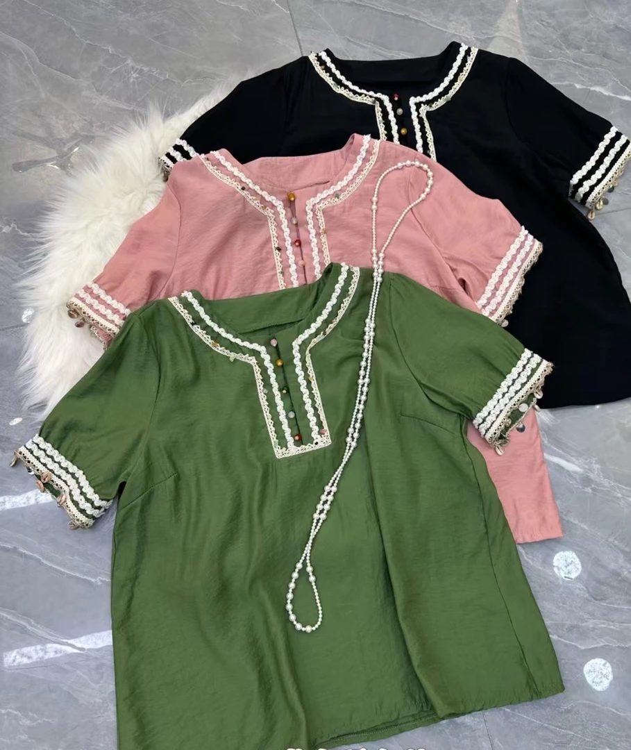 欧洲站2025年夏季新款民族风百搭显瘦洋气刺绣蕾丝拼接短袖上衣女