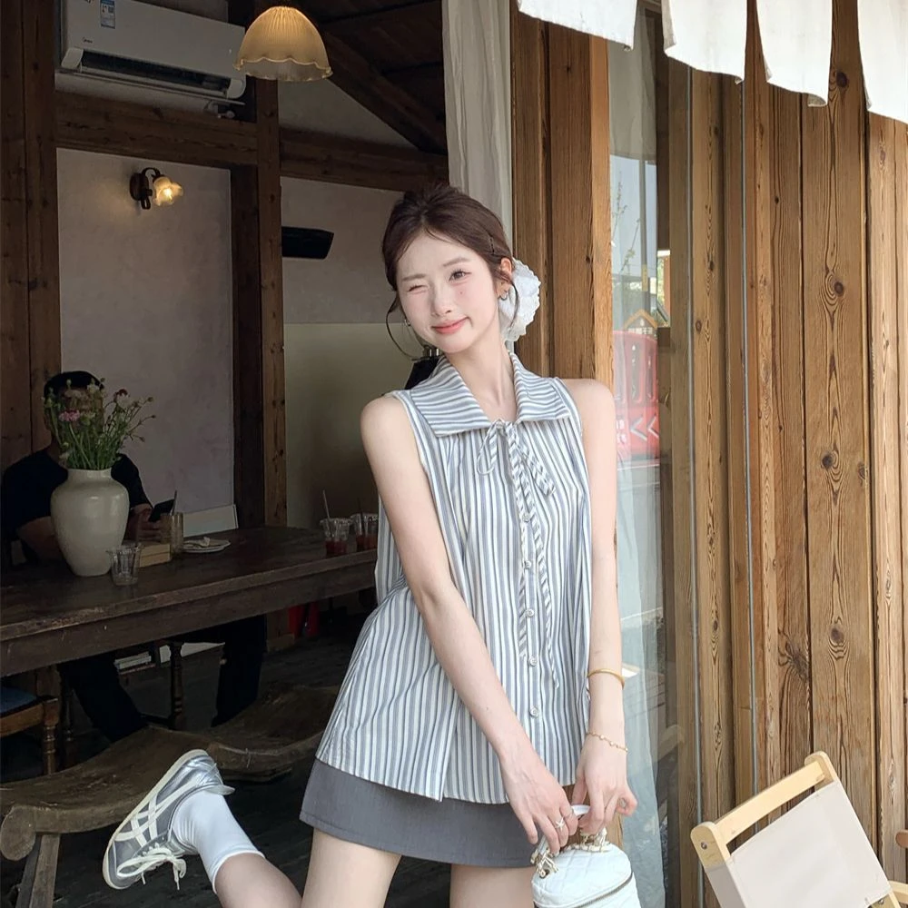 2025夏季新款复古显瘦高级无袖衬衫上衣女甜美系带背心超好看小衫