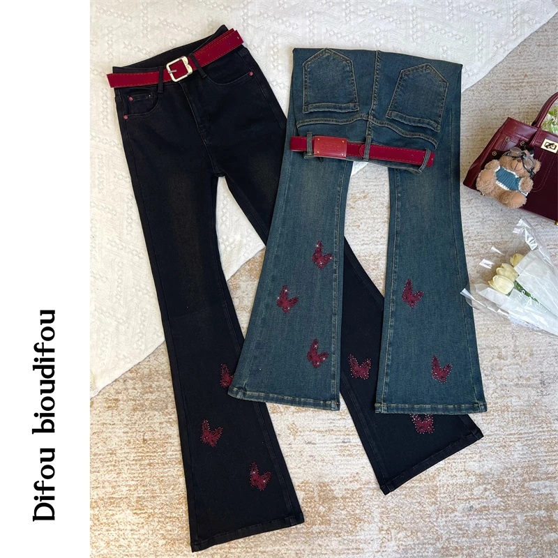 迪否镶钻秋冬加绒微喇牛仔裤2025秋冬新款高腰显瘦喇叭裤9024