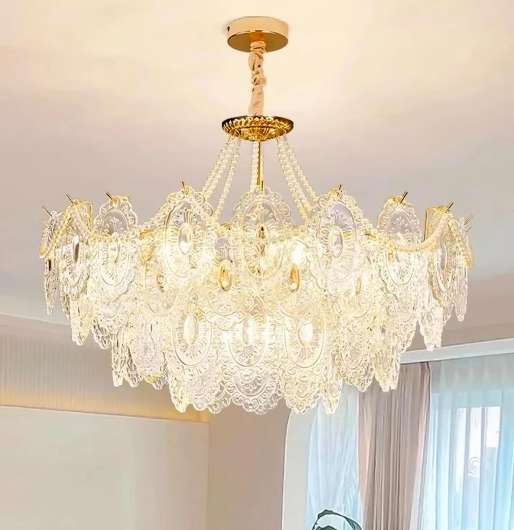 法式奶油风珍珠珠宝片轻奢玻璃吊灯餐厅吊灯精致大气主卧室专用