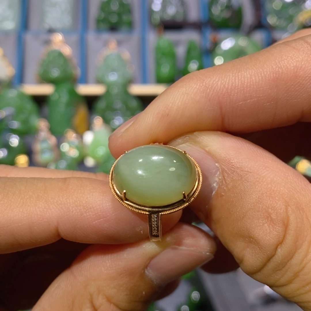 【闪购商品】和田玉吊坠(不含链)18K金镶嵌冰猫蛋面戒指