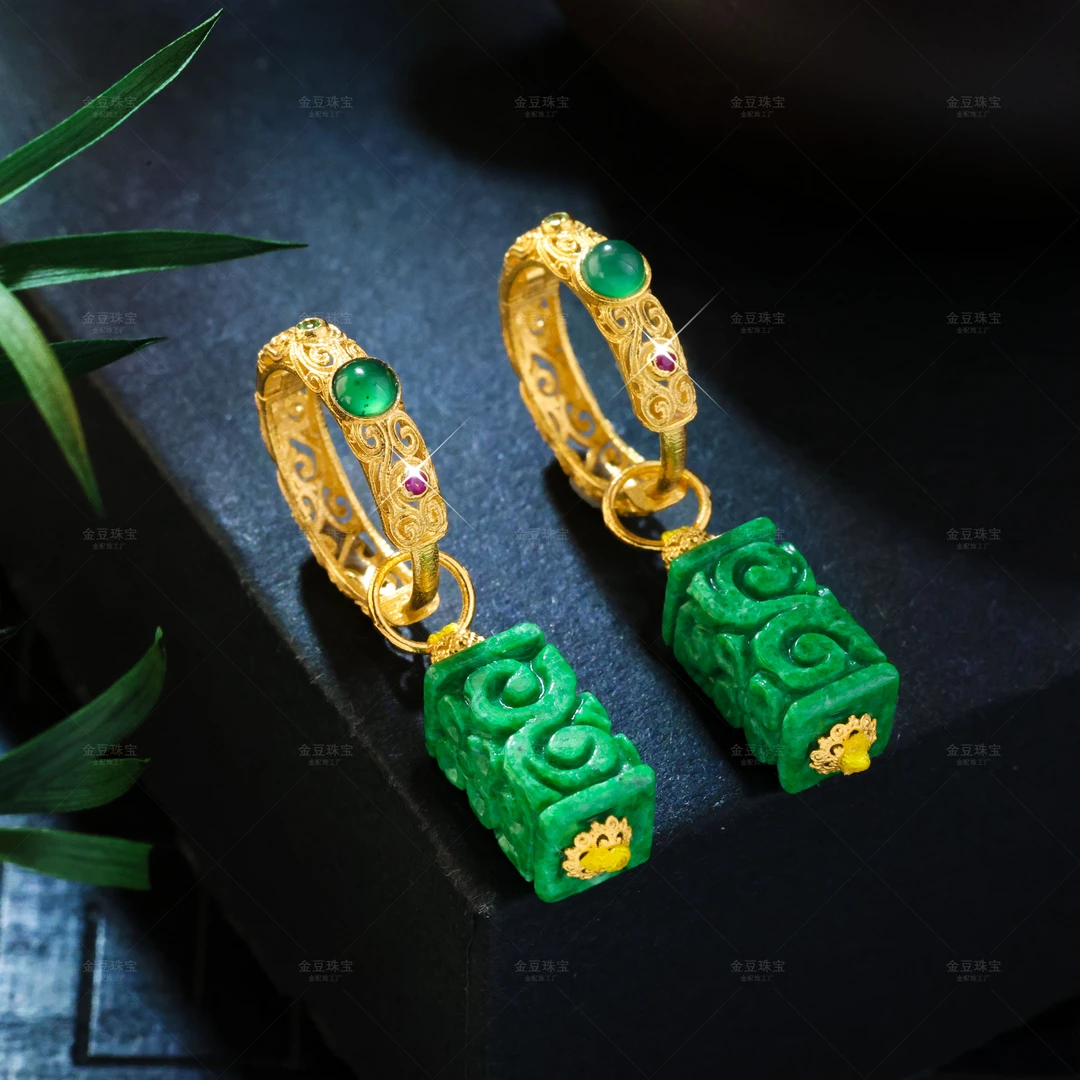 【金豆珠宝】景和||18K金翡翠耳环缅甸干青万能耳扣耳圈F