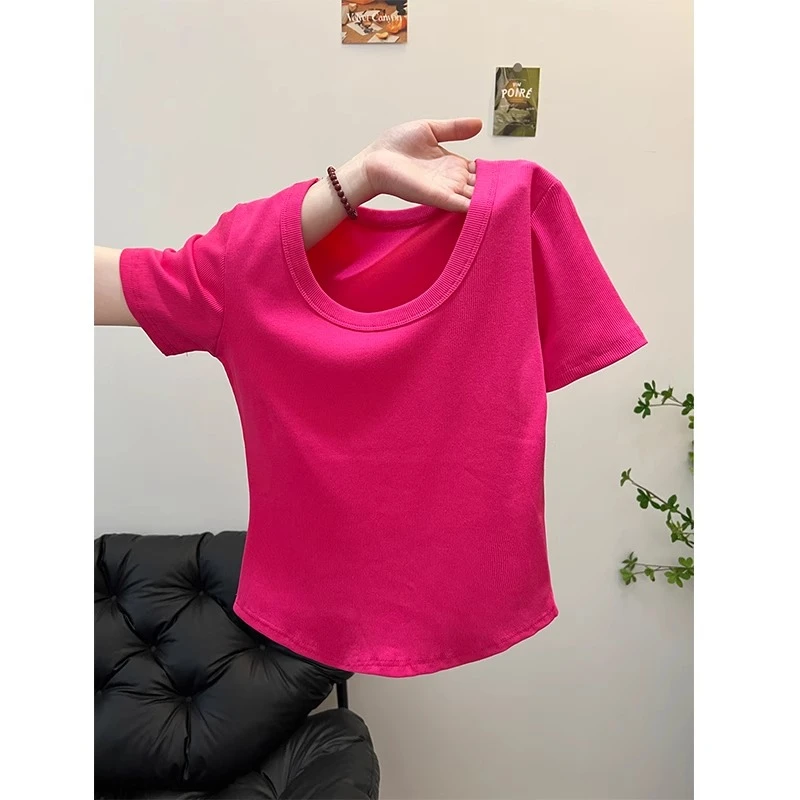 芯娇晴韩系树莓粉色u领短袖正肩t恤女装夏季2025新款短款修身上衣