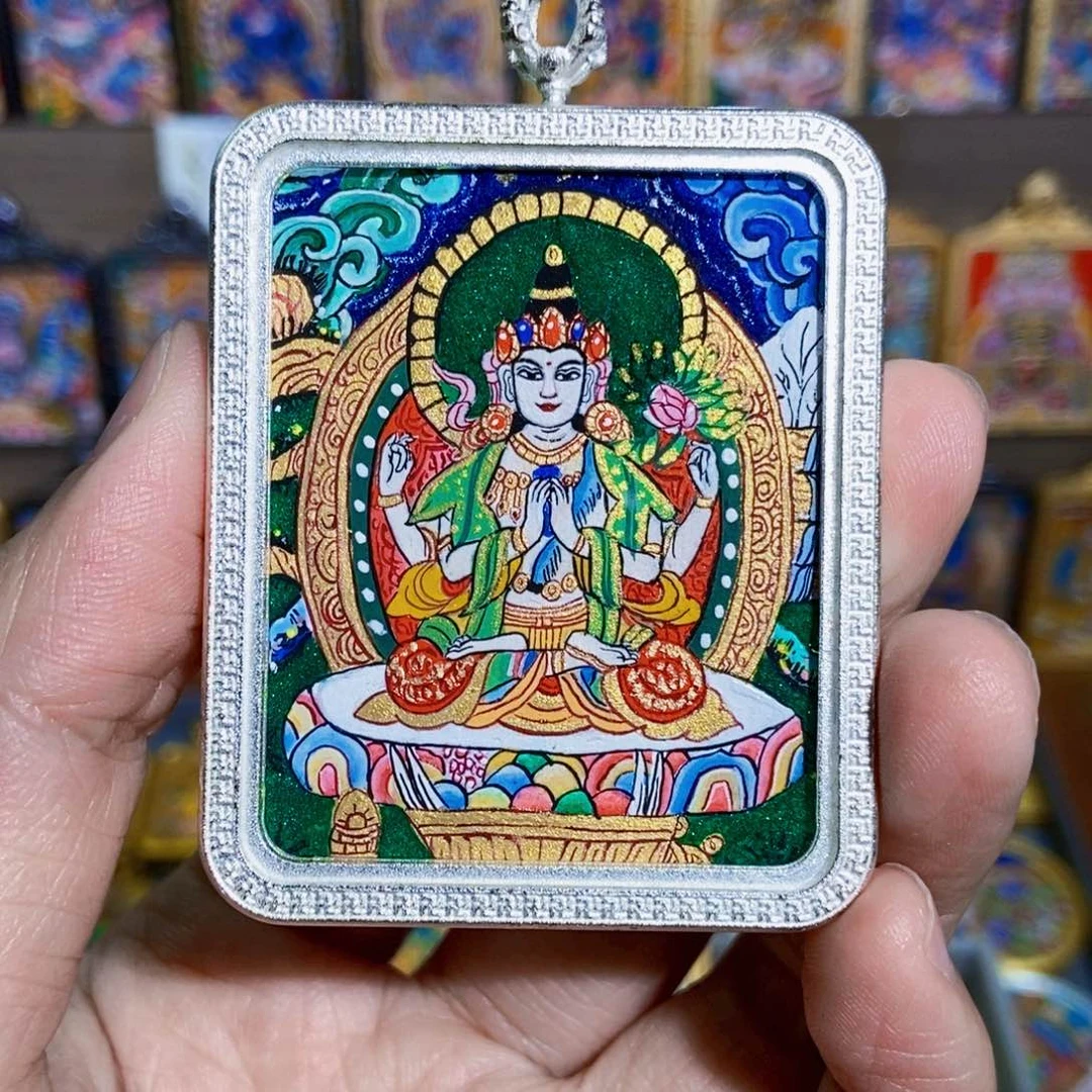 心***至吊坠纯手绘唐卡四臂观音卡心