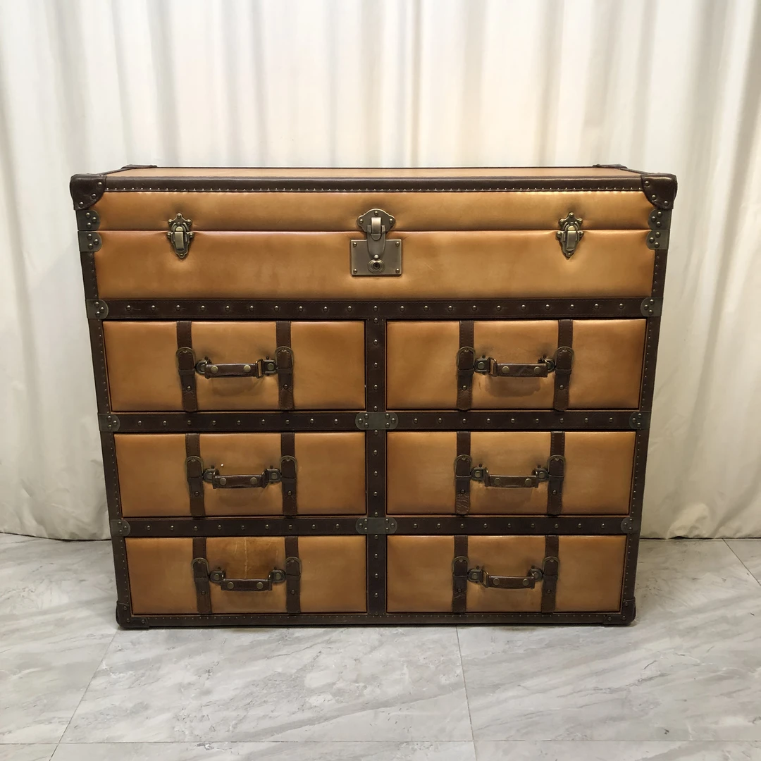 博瑞奇复古头层牛皮六抽边柜客厅茶室收纳装饰高柜玄关柜09333