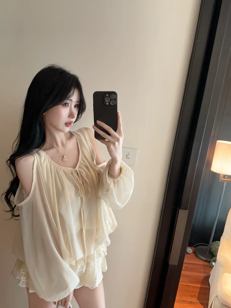 夏季法式衬衫打底衫圆领小衫衬衣慵懒风泡泡袖绑带