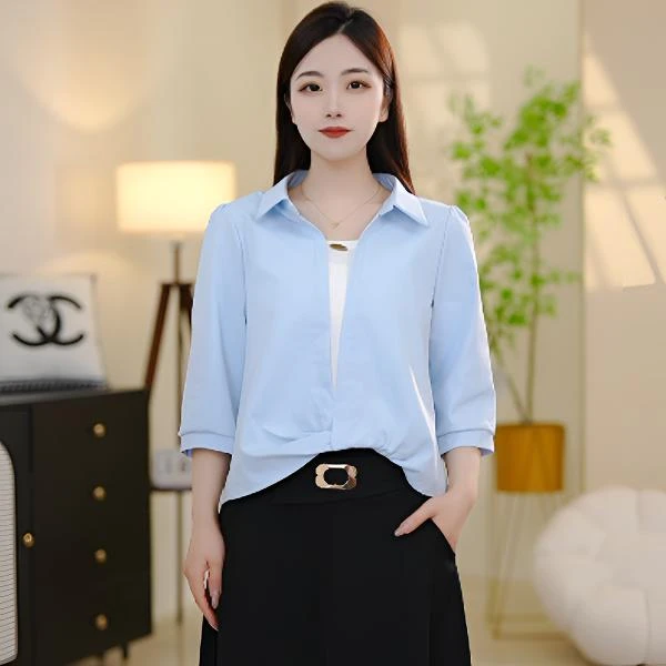 2025夏季新款假两件七分袖衬衫女设计感小众拼接撞色洋气百搭上衣