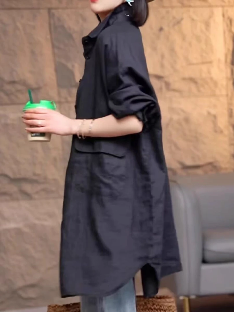 2025新款复古港风轻熟时尚中长款翻领衬衫女外穿宽松时尚休闲上衣