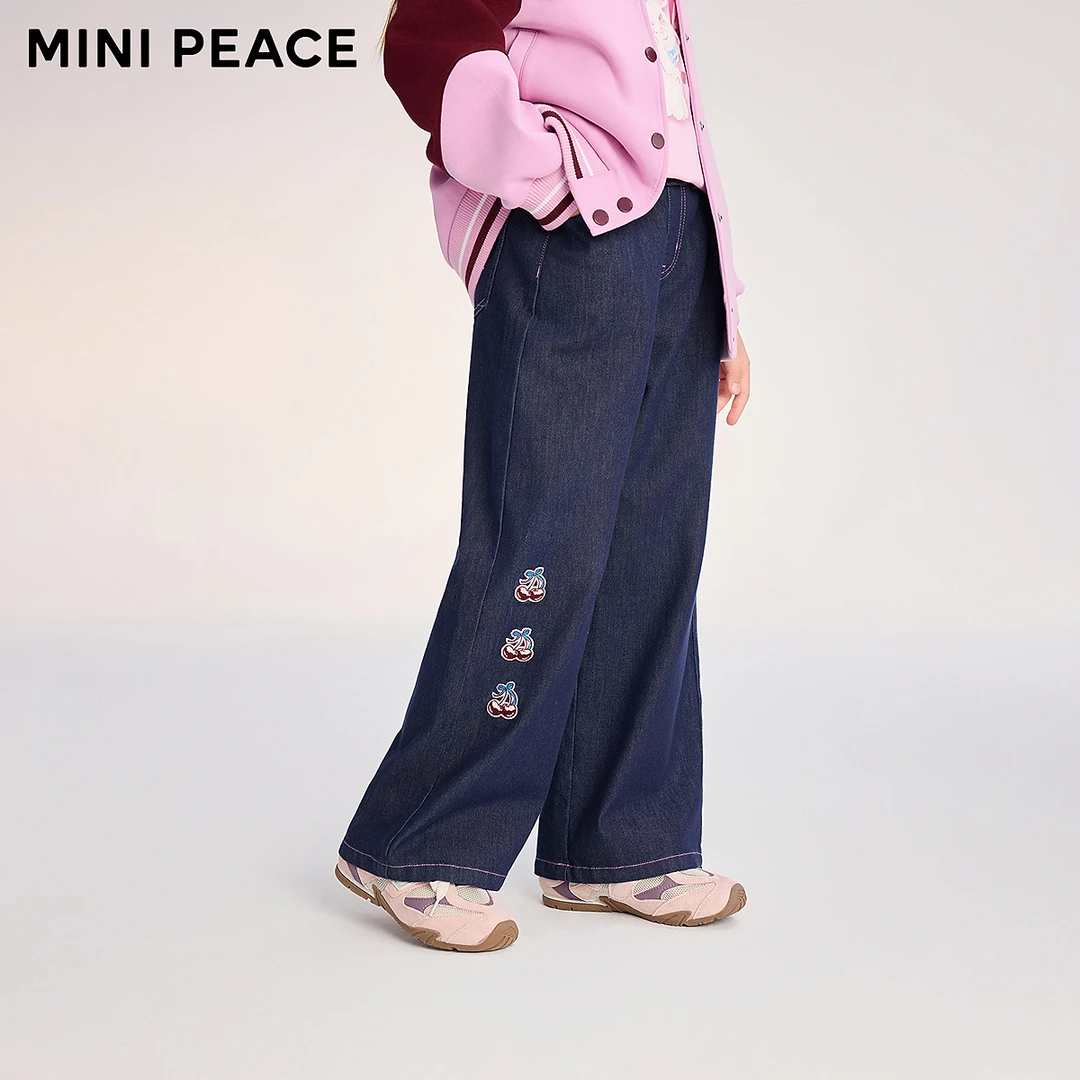 MINIPEACE太平鸟童装女童牛仔裤秋季新款儿童拖地裤樱桃刺绣长裤