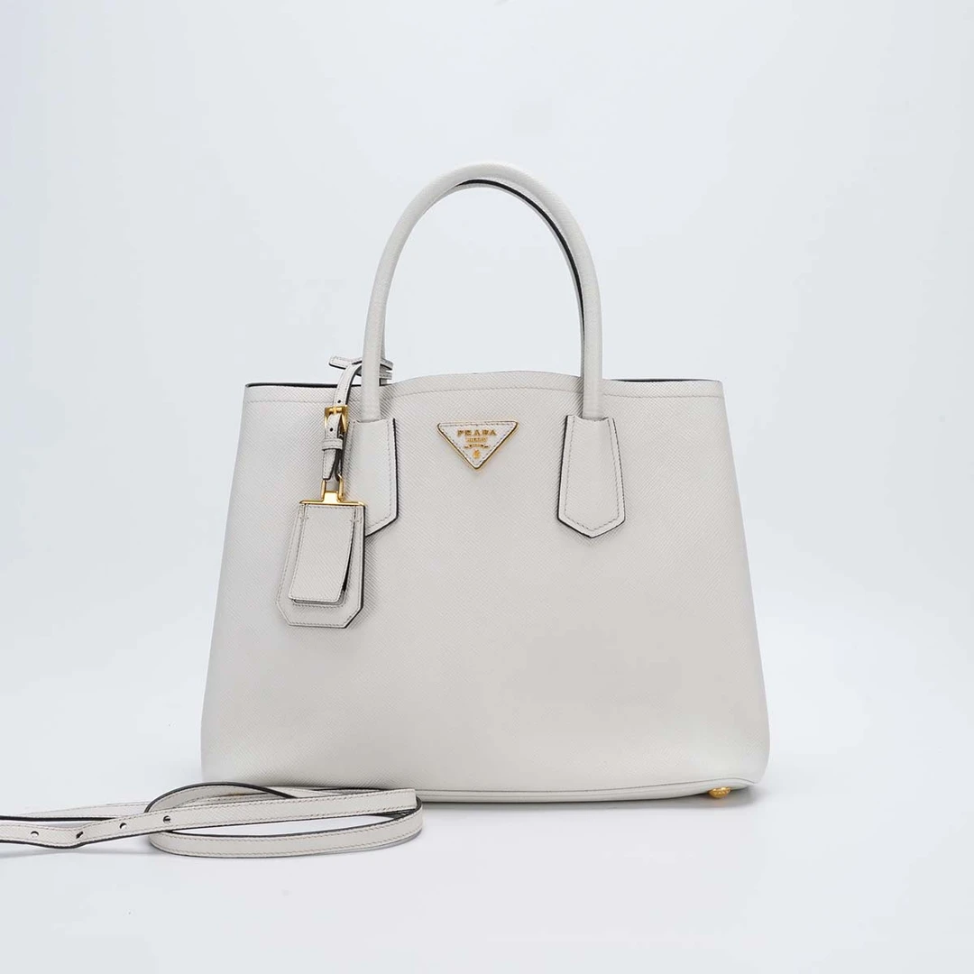 95新 Prada/普拉达 【诗诗】double 白色黑色内里 十字纹牛皮 小号