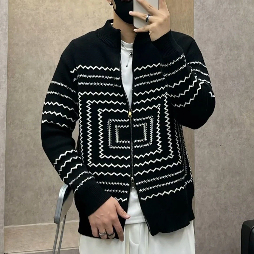 秋冬季高端男士新款翻领针织开衫外套休闲时尚个性设计感潮流毛衣