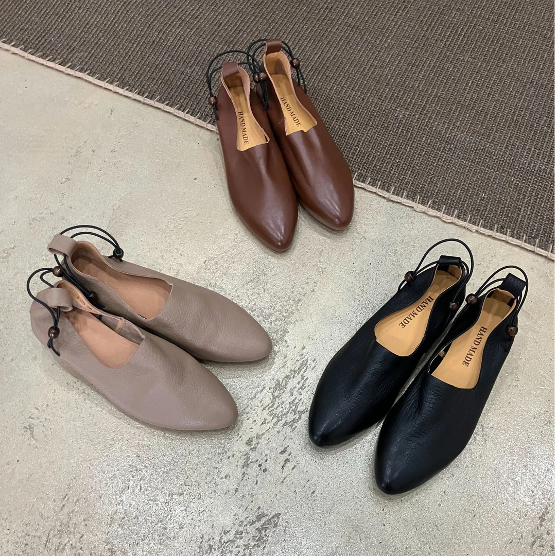 法式巨舒适软底软面尖头百搭浅口复古低跟串珠松紧带单鞋皮鞋真皮