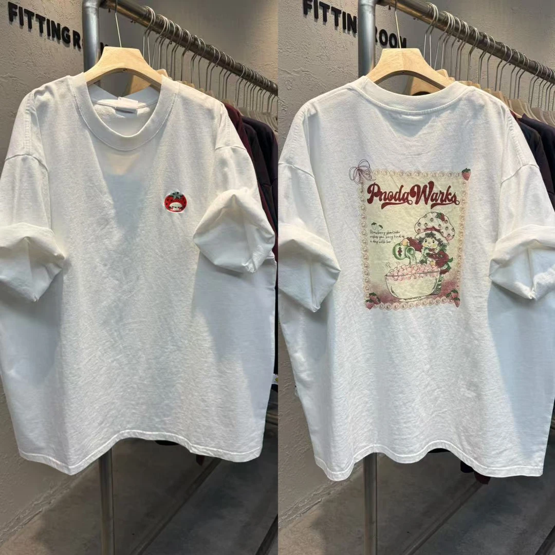 9311夏季新款韩版草莓刺绣女孩印花宽松休闲圆领短袖T恤女