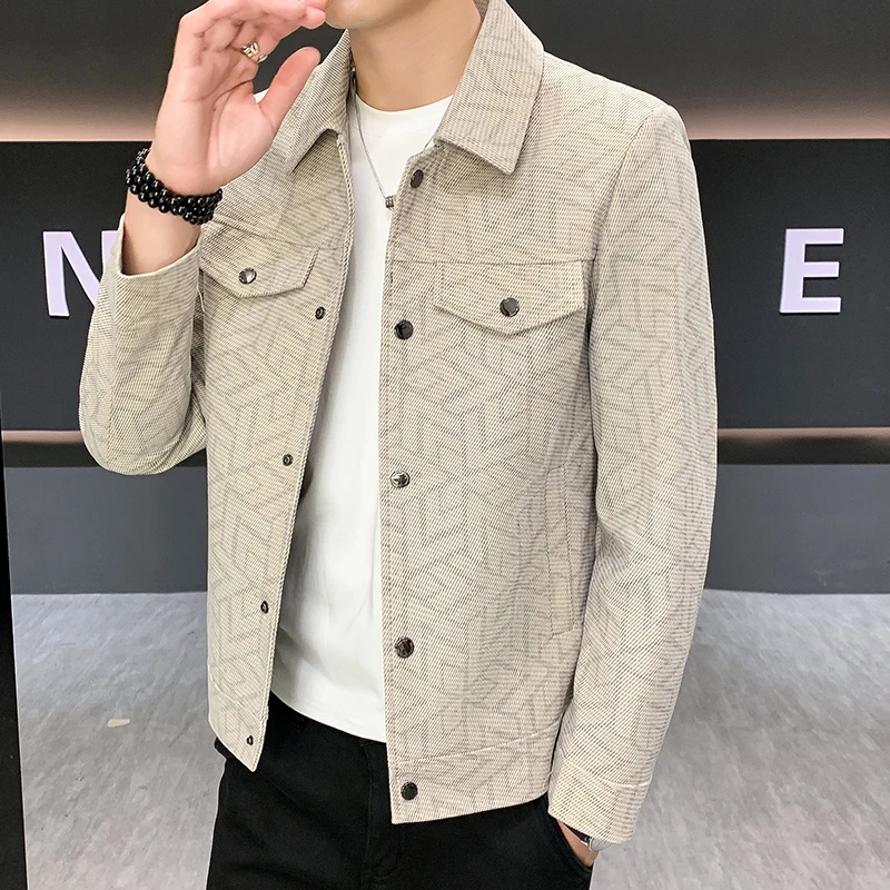 秋冬男士新款休闲翻领印花夹克外套灯芯绒复古长袖百搭外套J2588