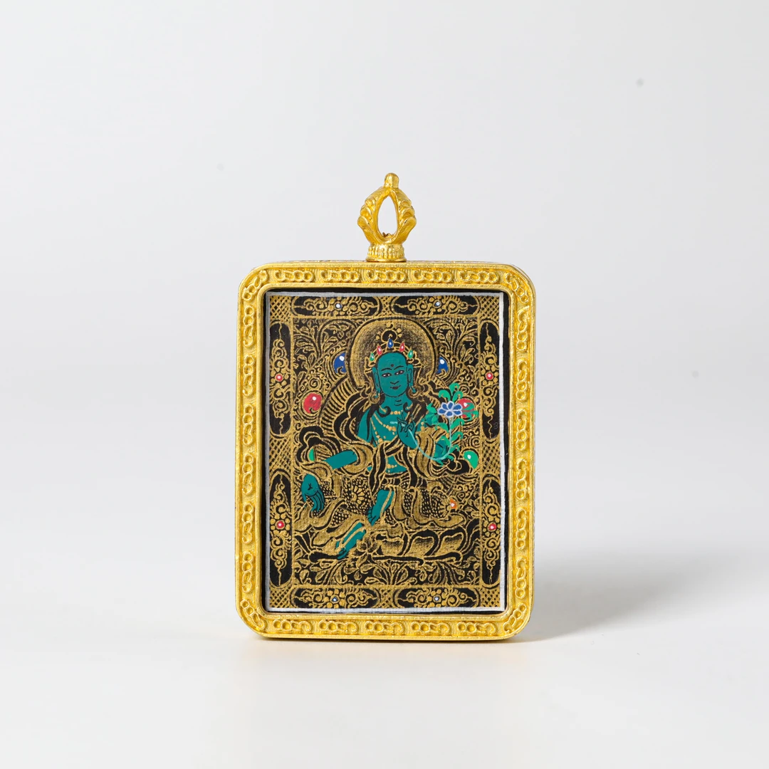 天然矿料-尼泊尔画师纯手绘-绿度母唐卡约40*63*8mm 11231122-58