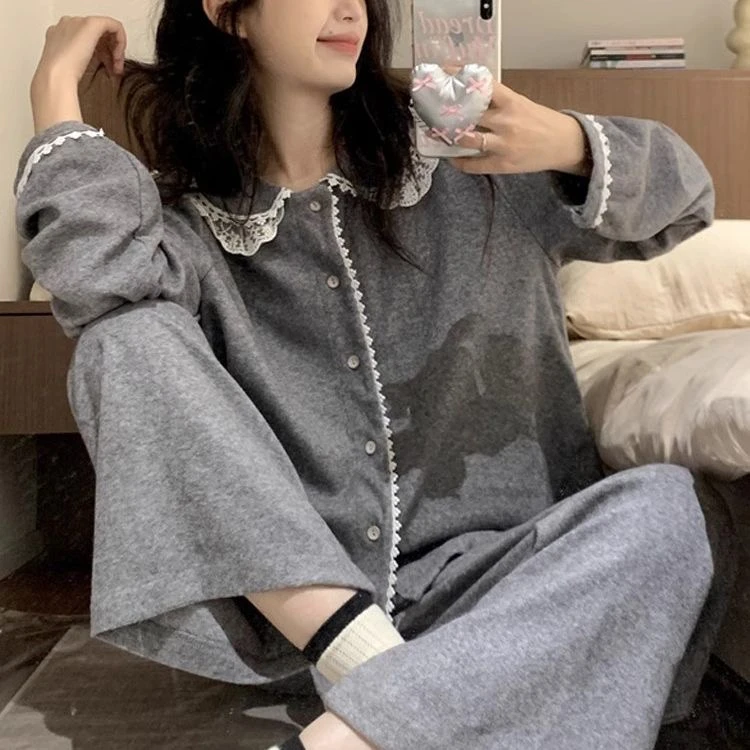 春秋冬季睡衣女大码显瘦减龄甜美洋气时尚休闲长裤长袖套装家居服