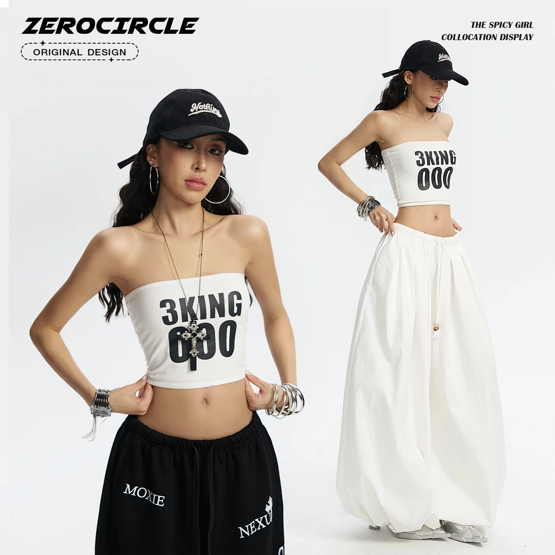 野生zerocircle印花抹胸女夏季新款修身白色美式短款辣妹无袖上衣