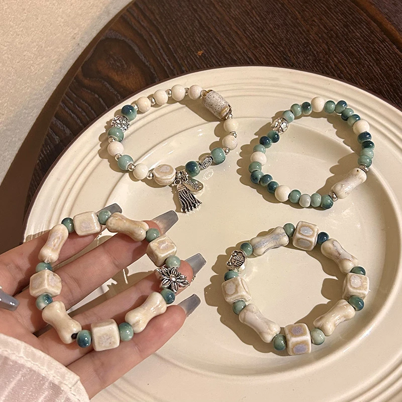 非金属陶瓷手链 景德镇陶瓷手链双层新中式民族风文艺风复古串珠