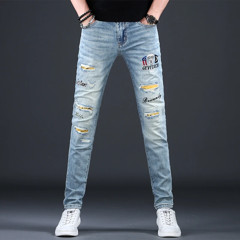 2025新款秋季时尚牛仔裤男士弹力修身小脚高端潮流破洞男款百搭裤