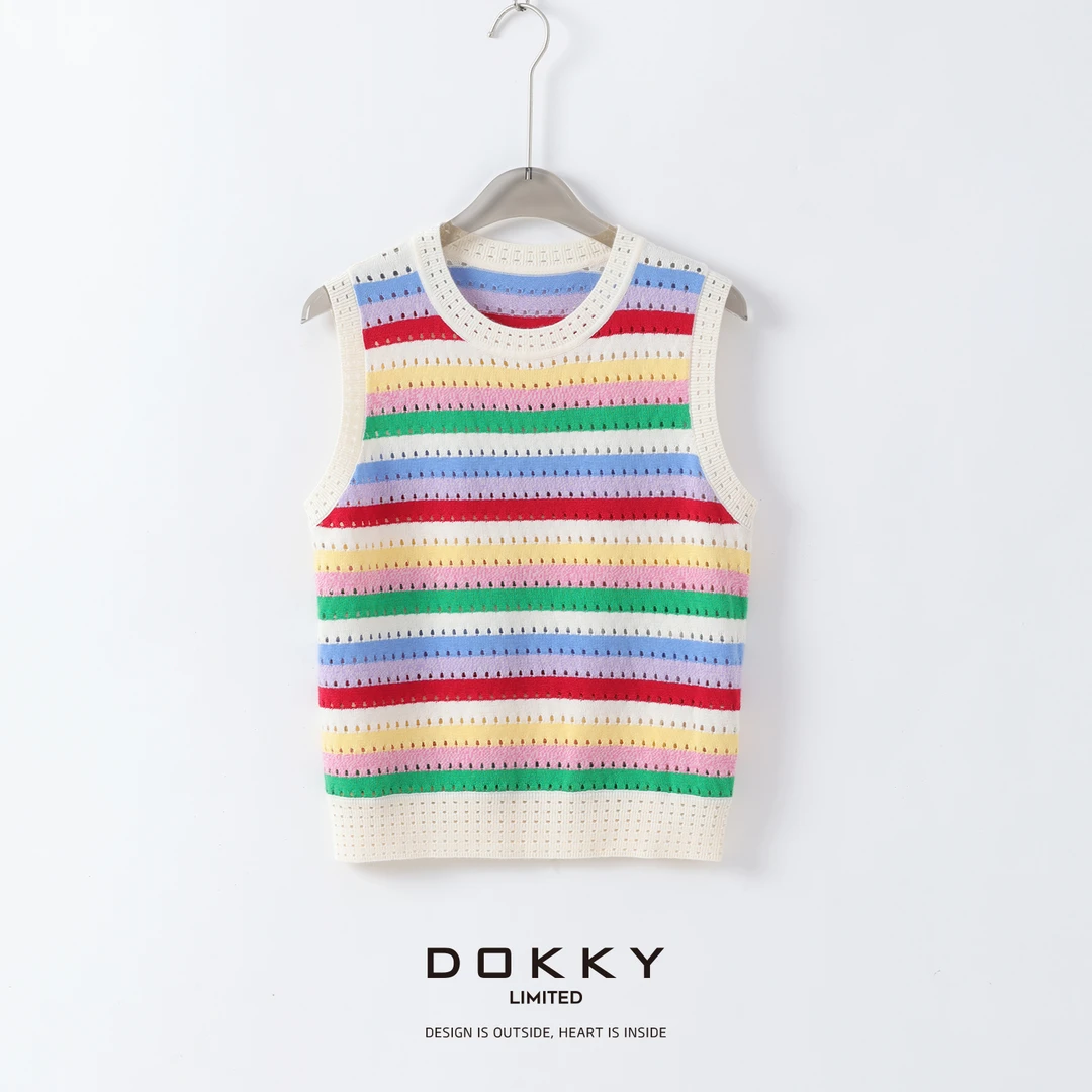 【限量尖货.光谱马甲.紫标】DOKKY柔软亲肤彩色条纹时髦镂花针织衫