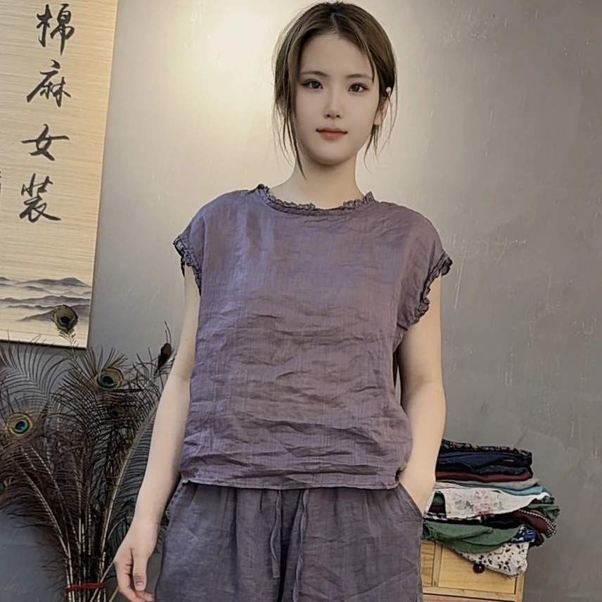 夏季新款文艺宽松木耳花边圆领无袖苎麻衬衫女休闲小衫