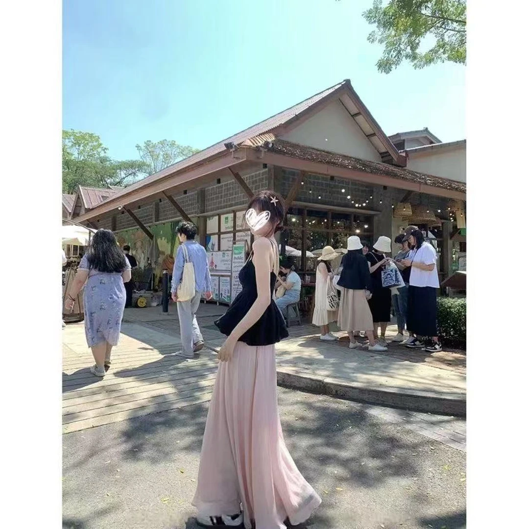 蕾丝边吊带背心女花苞纯欲上衣+波光粼粼松紧腰半身裙