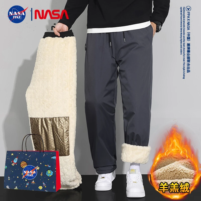 NASA联名羊羔绒裤子男冬季加绒加厚直筒休闲裤男保暖防寒棉裤