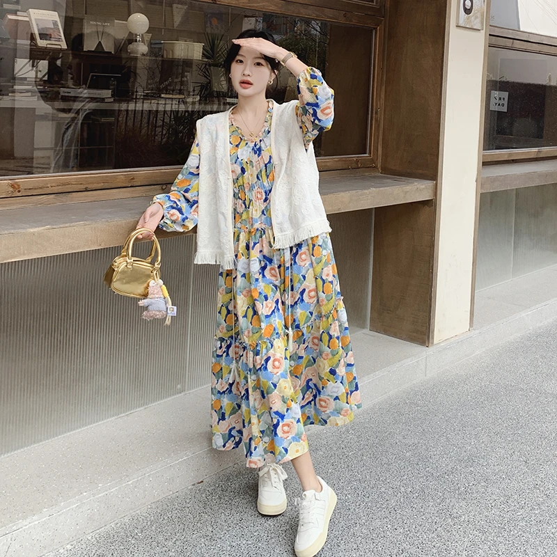 法式碎花长袖连衣裙女2025春气新款时尚减龄马甲茶歇裙两件套