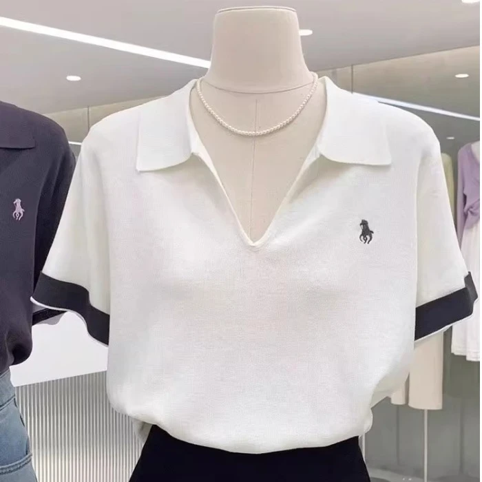 白色polo领针织短袖t恤女夏季短款时尚独特漂亮翻领正肩小上衣