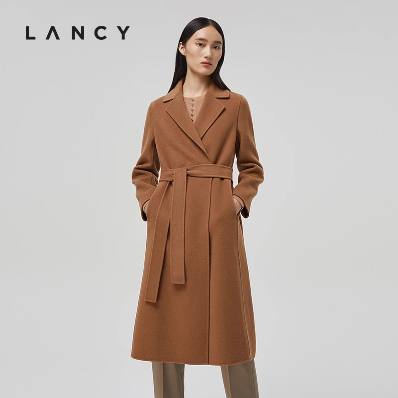 LANCY/朗姿双面呢大衣蓝/驼/红棕外套棕色毛呢老钱风圣诞时尚