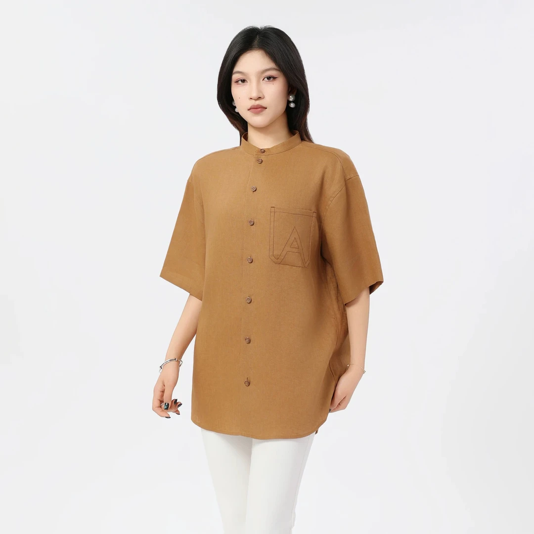 阿玛施AMASS春夏新款复古休闲时尚宽松亚麻圆领半袖衬衫女530060