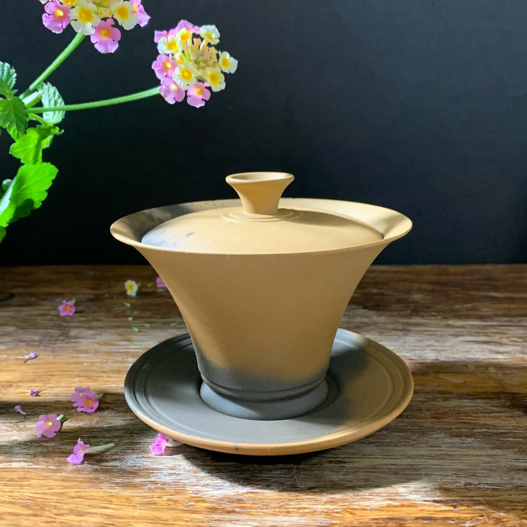 云南建水紫陶茶具带火痕渐变色三才盖碗功夫彩填茶杯套装薄胎盖杯
