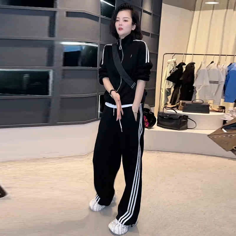 休闲运动套装女条纹外套立领开衫显瘦洋气遮肉阔腿裤两件套春秋季