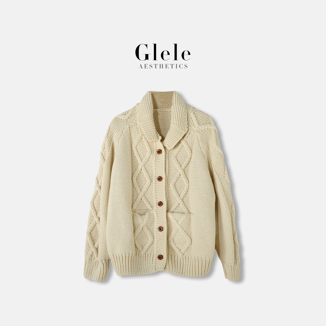 Glele私服【奶香毛衣】韩系氛围感复古翻领系扣麻花毛衣
