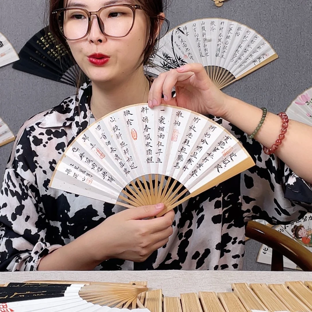 国画6寸玉竹-纯手绘-文玩扇骨（默认粘好）定风波