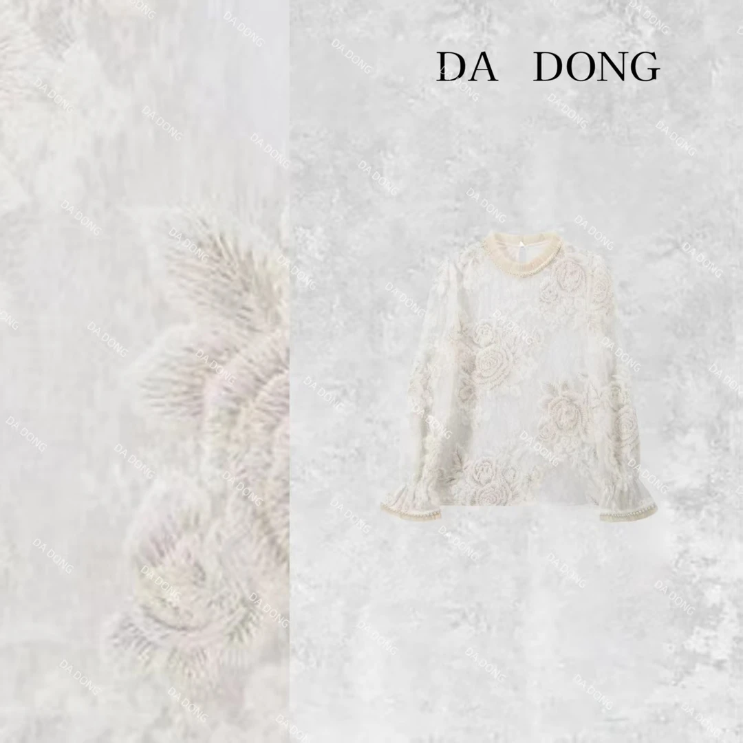 山茶花--新中式蕾丝气质长袖百搭打底圆领时尚提花轻奢高定衬衫