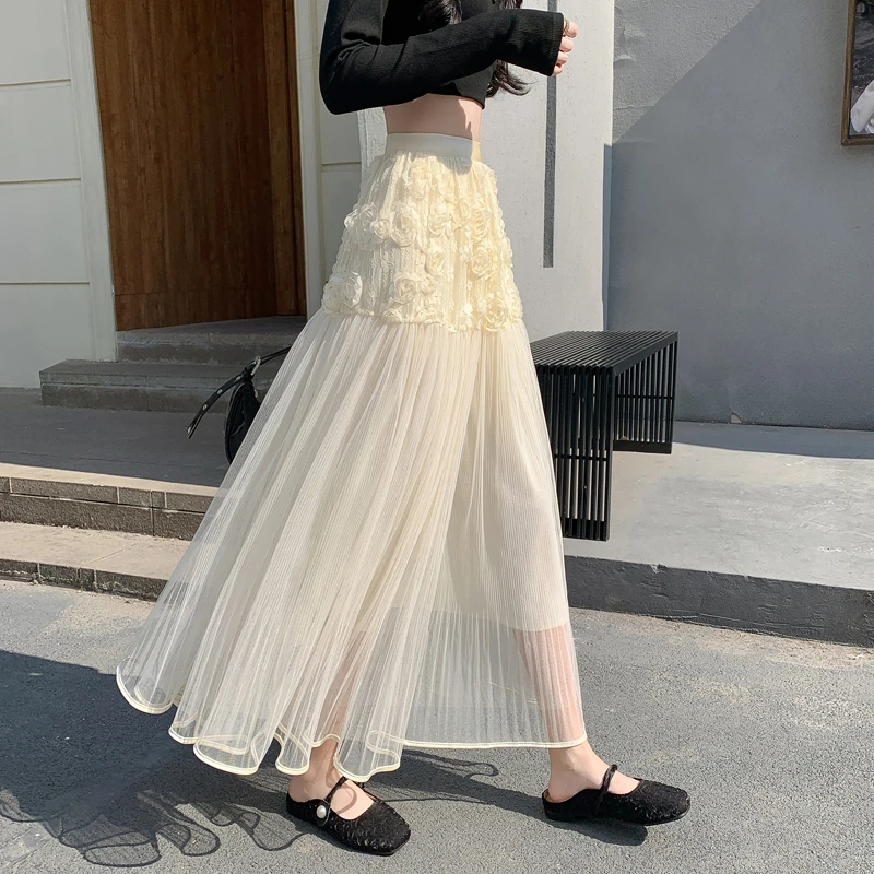 【冲量价】白杏色半身裙女春夏季中长款伞裙设计感小众重工网纱裙子