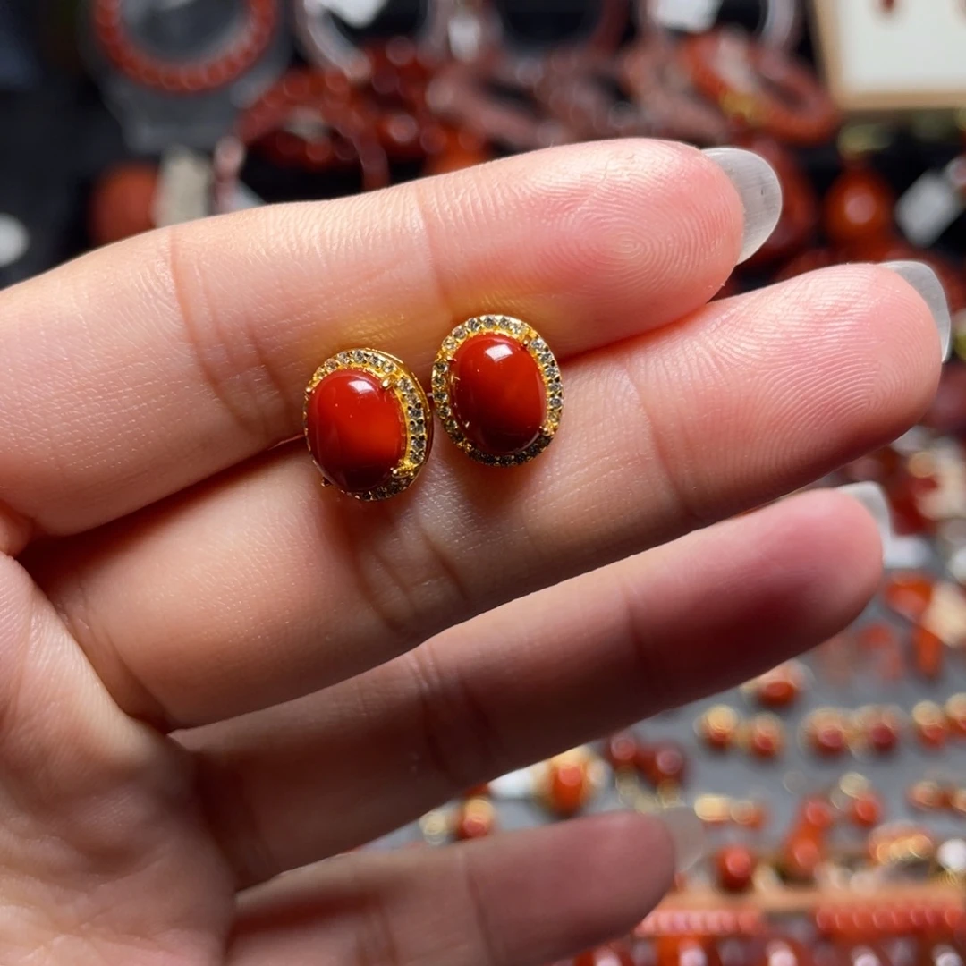 南红玛瑙银S925镶嵌玫锦耳钉