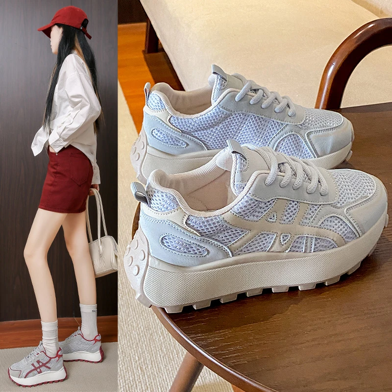 厚底阿甘小白鞋女2025秋季爆款百搭网面透气拼色增高休闲德训鞋子