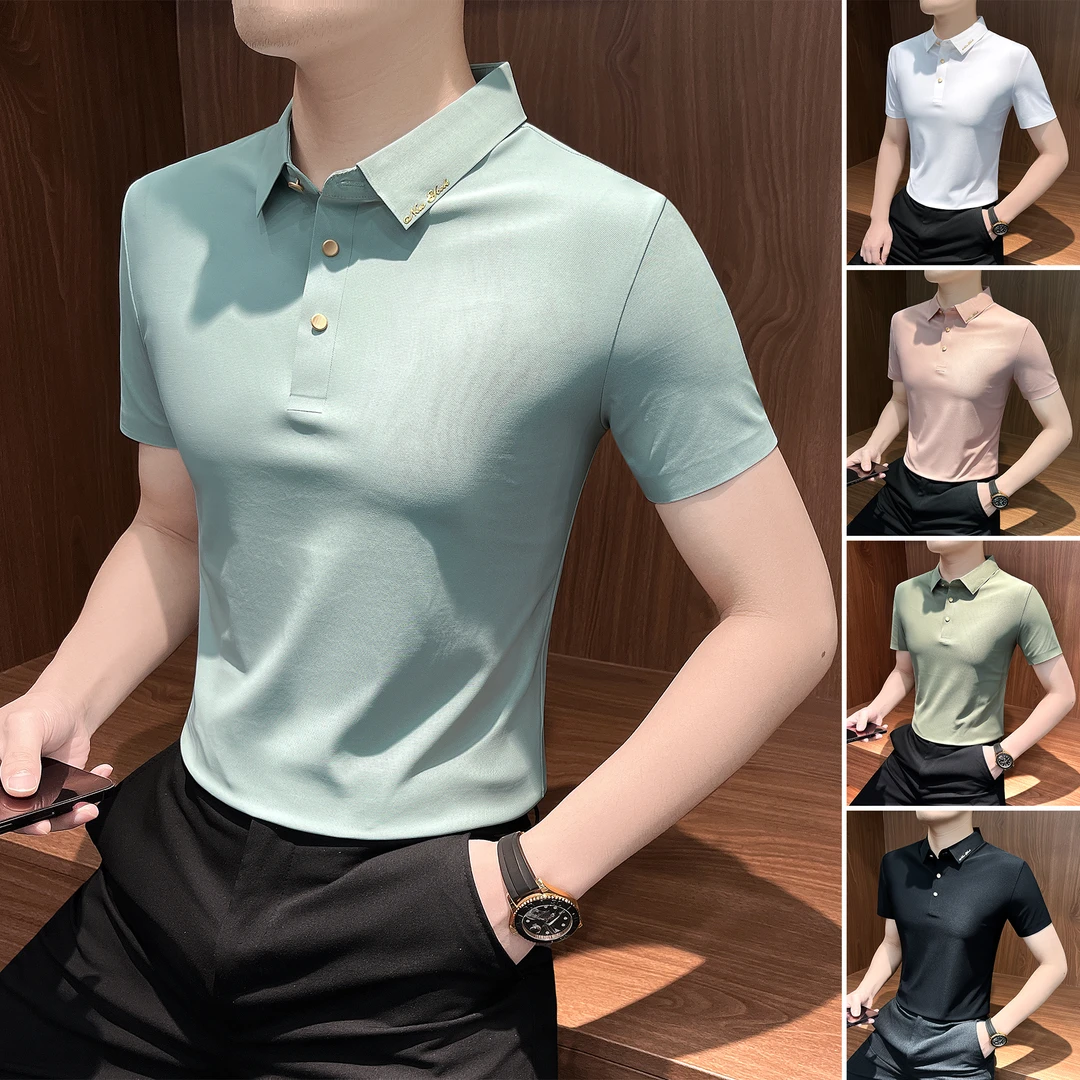 烫金短袖polo衫男款夏季薄款冰丝无痕轻奢男装高级感商务男士t恤