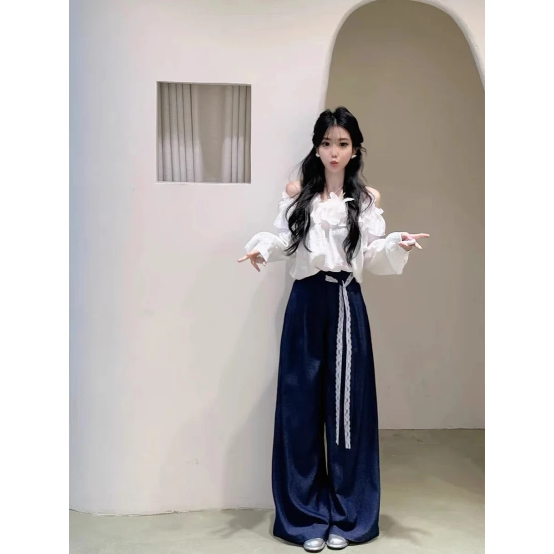 新款一整套穿搭法式甜美花瓣一字领衬衫+阔腿裤时尚显瘦两件套女