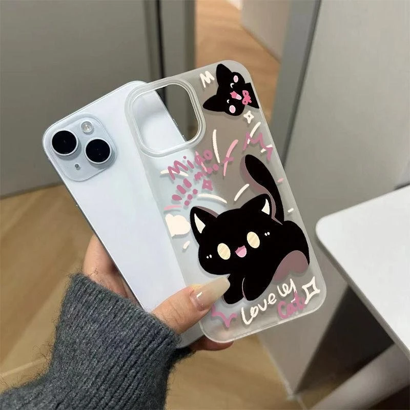 奔跑开心黑猫适用苹果16PROMAX手机壳iPhone15大孔14磨砂13软壳12