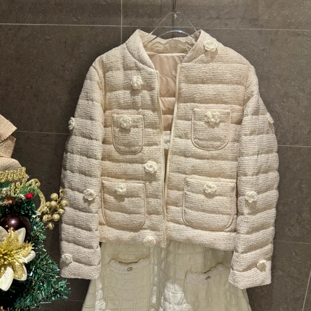 【香奢绒花】25年冬季新款90鹅绒羊毛小香风羽绒服外套设计师款保暖
