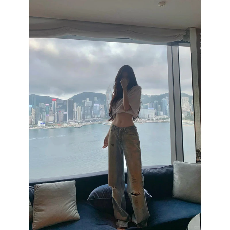 2025春季新款辣妹风短款T恤上衣 宽松做旧牛仔裤破洞阔腿长裤套装